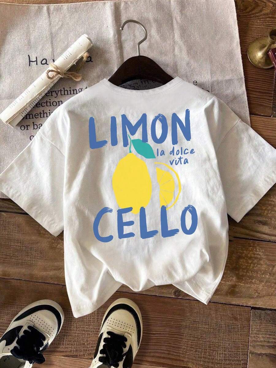 SHEIN Girls Casual Fashion Creative Lemon Graphic Letter Print Short Sleeve Tee, Basic Style - White - View 1