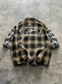 AXEPEAK Men's Plaid Patchwork Loose Short Sleeve Shirt, Suitable For Summer, School, Streetwear Ready - Multicolor - View 2