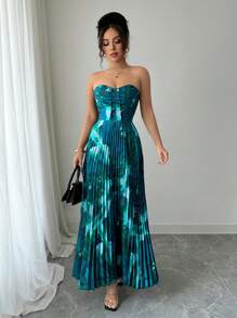 Selianne Váy Bandeau xếp ly in họa tiết khắp eo - Màu xanh Cadet - Xem 5