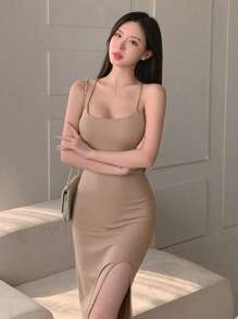 DAZY Vestido ajustado con abertura y tirantes finos para mujer - Caqui - Ver 5