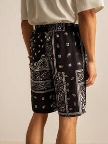 SWAVVY Men's Paisley Print Woven Casual Shorts Graphic Casual Vacation Shorts, For Husband, Boyfriend Gifts - Black and White - View 2