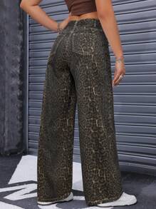 女士口袋豹纹宽松休闲阔腿牛仔裤 - 彩色 - 查看 2