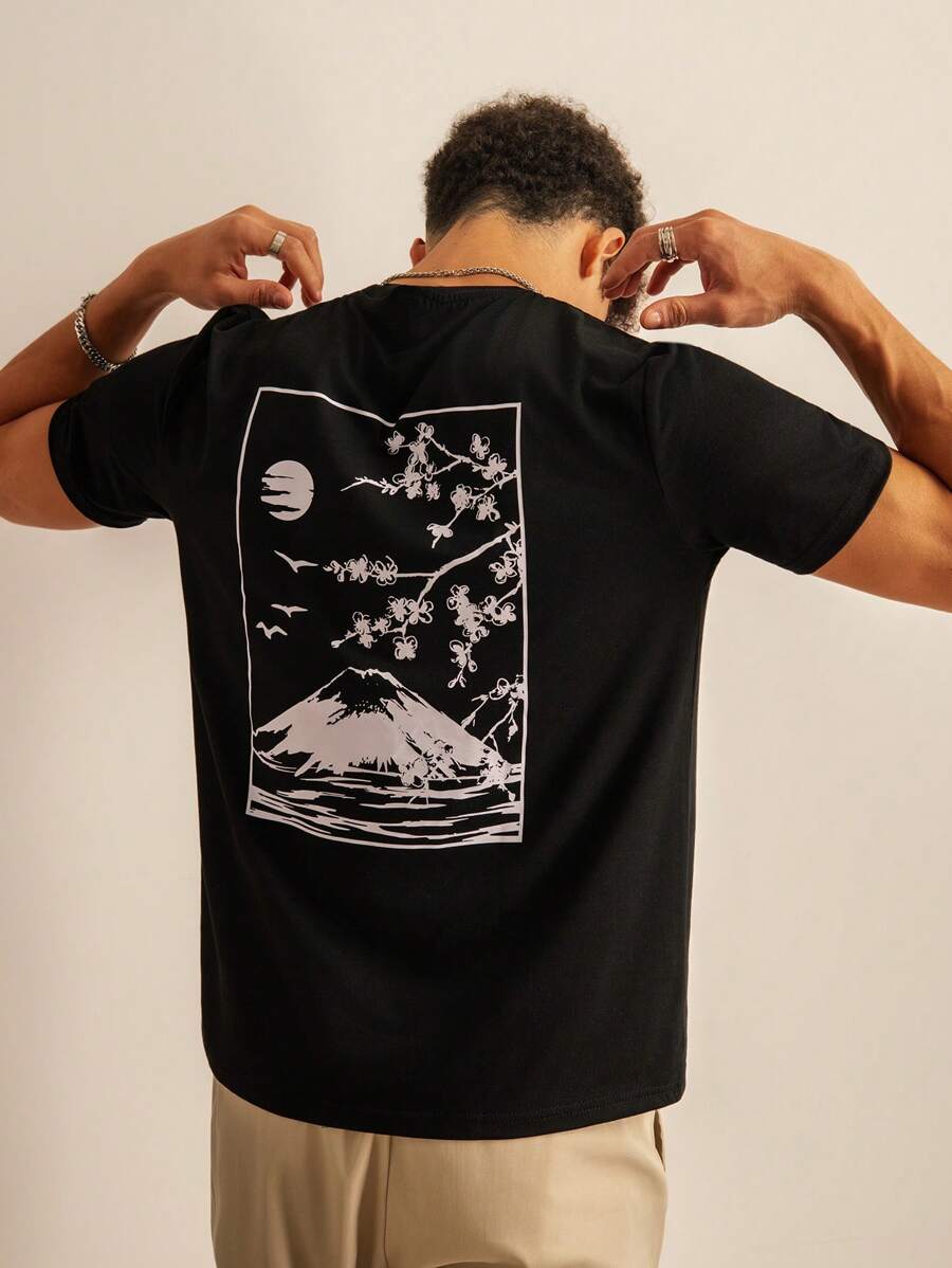 SWAVVY Men Mountain Graphic Print Short Sleeve Tee, Casual Boxy Tee, Boyfriend Gift, Summer, Emo, 2000s Style, Couple Things - Black - View 1