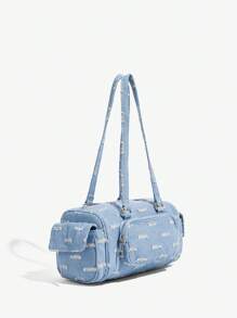 SHEIN ICON 女士单肩包、流浪包、时尚、个性、简约、百搭、街头风、甜美酷炫女孩、辣妹、千禧一代、复古、铆钉、复古、牛仔效果、多口袋设计、机车风、青少年 - 藍色 - 查看 3