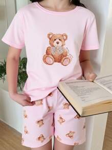 Set de 2 piezas de pijama para niñas preadolescentes, ajustado con estampado de oso de peluche y sakura rosa, top de manga corta y pantalones cortos, cómodo y con estilo