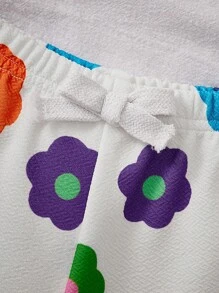 Babygirl 可爱彩色花卉印花短袖上衣和松紧腰短裤套装，夏季 - 彩色 - 查看 6