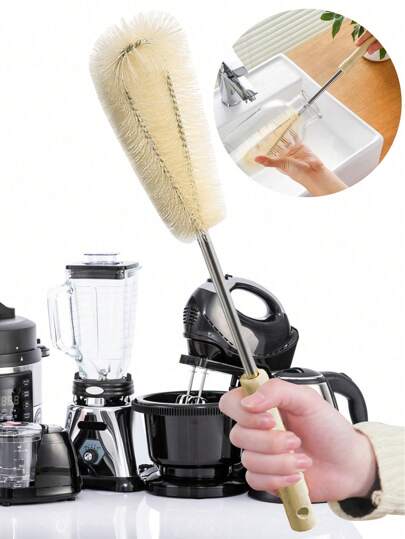 Cepillo de limpieza con mango de madera - Cepillado de 360 grados para botellas, tazas y licuadoras, cepillo de cocina doméstico de largo alcance con cerdas que no rayan, diseño duradero de limpieza profunda de cobertura total