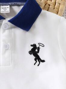 SHEIN Playful Pals 1pc Young BoyColor Block Polo Collar T-Shirt, Contrast Trim At Sleeves, Embroidered Front, Suitable For Spring/Summer Outings And Formal Gatherings