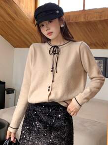 DAZY 女式拼色蝴蝶结长袖针织毛衣，秋冬，长袖上衣