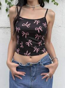 SHEIN Teen Girls' Casual Simple Comfortable Camisole With Bow Pattern - Black - View 6