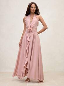 SHEIN LUNE Robe longue maxi élégante de vacances à col en V avec Top en 3D floral - Rose bonbon - Voir 5