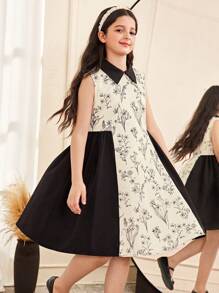 SHEIN Leap Crew Tween Girl Casual Simple Comfortable Floral Patchwork Sleeveless Polo Collar Dress - Black - View 5