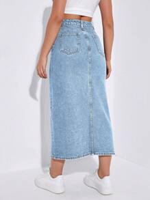 女式长款开衩直筒牛仔长裙，带口袋 - 淺色水洗藍 - 查看 2
