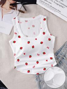 SHEIN EZwear Casual Minimalist Vacation Style Butterfly & Strawberry Print Round Neck Pleated Waist Padded Bra-Free Camisole