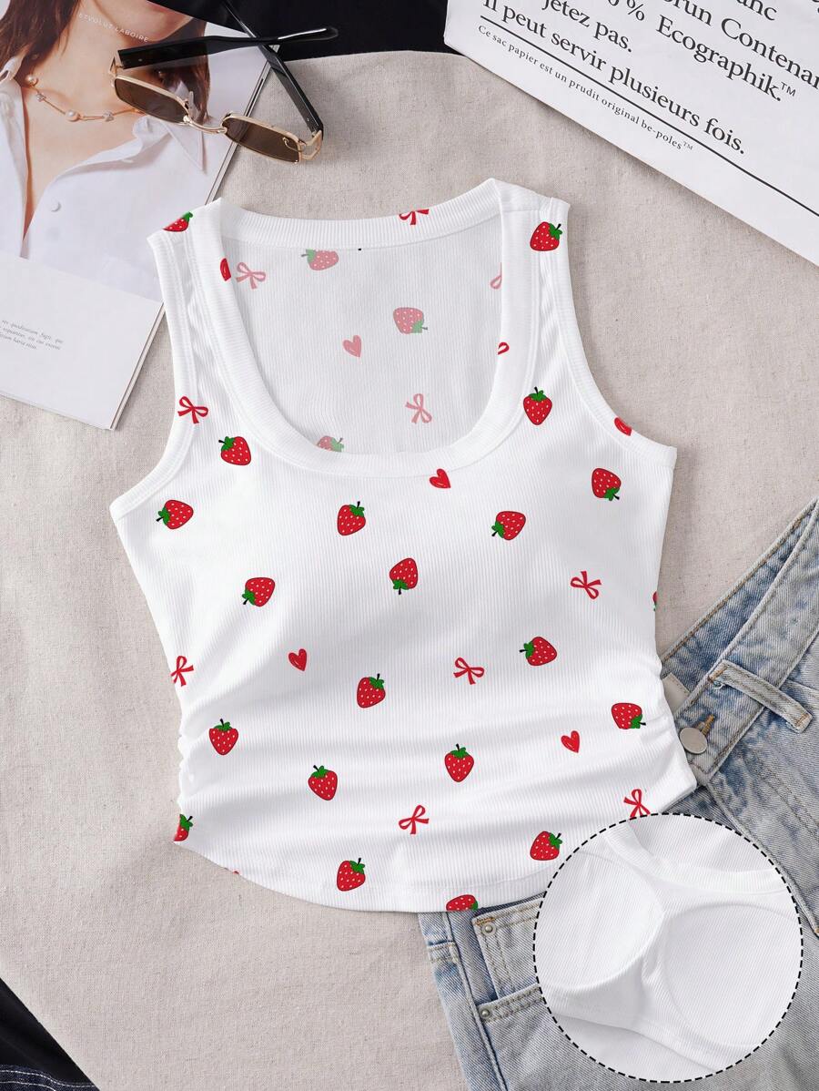 SHEIN EZwear Casual Minimalist Vacation Style Butterfly & Strawberry Print Round Neck Pleated Waist Padded Bra-Free Camisole