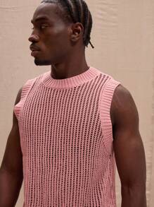 Musero Crew Neck Relaxed Fit Drop Shoulder Crochet Sweater Vest Spring Summer Streetstyle Easter Vacation - Pink - View 4