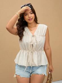 Elaquor Plus Size Loose Casual Solid Color Blouse For Women, Summer - Beige - View 1