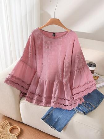 SHEIN Frenchy 大码休闲假日纯色镂空刺绣拼布衬衫