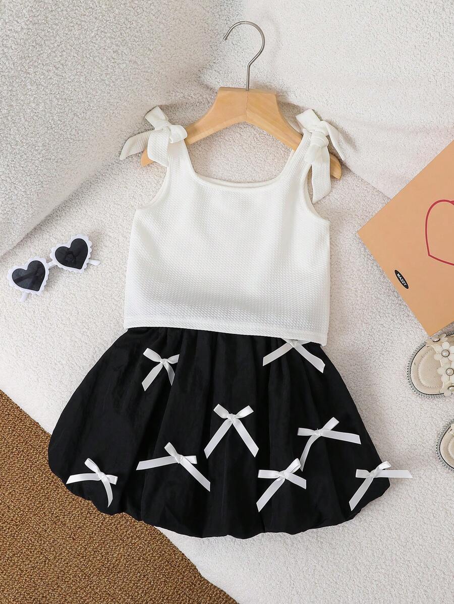 2 Stücke/Set Gestricktes Einfarbig Tank Top für Kleine Mädchen mit gewobener Blumen-Tüllrock