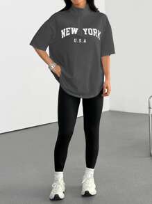 SHEIN EZwear 女式字母刺绣立领 T 恤和紧身裤两件套 - 灰色 - 查看 5