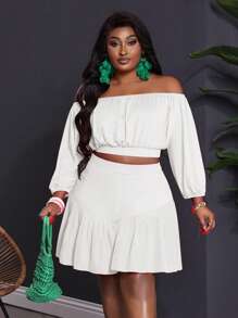 Slaydiva 2pcs/Set Women Plus Size Summer Elegant Vacation Outfit: Off-Shoulder 3/4 Sleeve Crop Top & Ruffled Hem Shorts, Solid Fuchsia - White - View 4