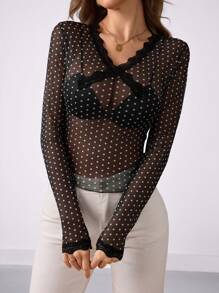 SHEIN Clasi Knitted Mesh Classic Polka Dot Pattern V-Neck Long Sleeve Fitted Ladies Blouse
