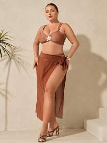 Swim Oasis 3pcs Plus Size Women Metal Decor Tankini Swimsuit Set With Sarong Pareo Coverup, Casual Beach Outfit, Summer - Brown - View 6