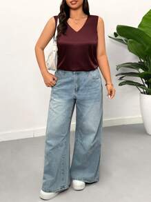 SHEIN EZwear Camiseta de satén informal de unicolor para talla grande de verano