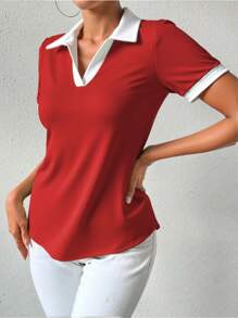 Chiquease Women's Summer Fashion Patchwork Contrast Trim T-Shirt - Red - View 5