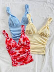 Soleia Set da 3 pezzi di top a canottiera estivi casual e romantici con nodo, colori: giallo, rosso, azzurro chiaro, adatti per vacanze, appuntamenti, tè pomeridiano, vacanze, festival musicali, stile bohémien, outfit da spiaggia estiva