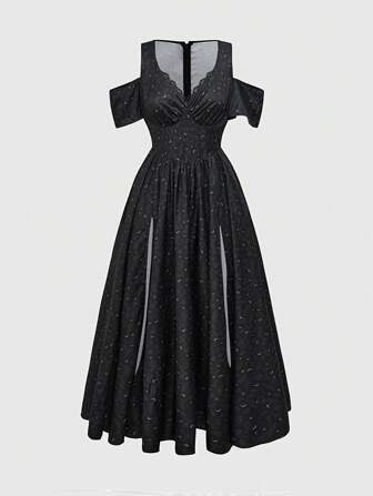 Goth Gothic Retro Moon & Floral Print V-Neck Off-Shoulder High Slit Maxi Dress, Summer Outfit For Women, Prom Dress
