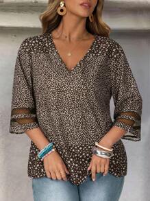 EMERY ROSE Plus Size Floral Print V-Neck Mesh Insert Elegant Office Blouse Gifts For Mother Vacay Vibes Springbreak Casual Wear SS Bohemia Loose Fit - Multicolor - View 5