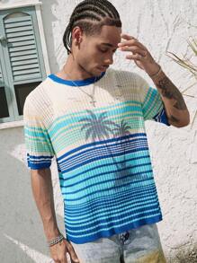 ROMWE MEN Casual Men's Round Neck Short Sleeve Ombre Palm Tree Print Knit Sweater, Vacation - Blue - View 6