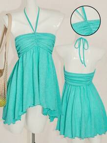 SHEIN ICON 夏季女式 Y2k V 领西部外出波西米亚海滩女士嬉皮绿松石娃娃装飘逸夏威夷纯色吊带背心，夏季时尚 - 薄荷綠 - 查看 4