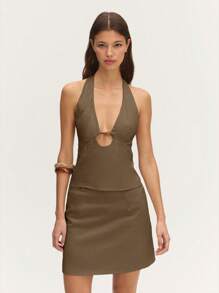 Nöista Summer Casual Solid Comfortable Halter Sleeveless Top - Olive Green - View 4