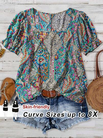 SHEIN CURVE+ Camisa de cuello redondo con estampado de paisley talla grande para verano, curva plus, atuendos bohemios de vacaciones en la playa para mujer/playa/atuendos de vacaciones en la playa/esenciales de playa/graduación/fiesta de té