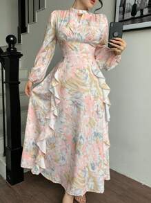 Modelyn Women's Floral Print Keyhole Neckline Lantern Sleeve Elegant Ruffle Hem Dress - Multicolor - View 1