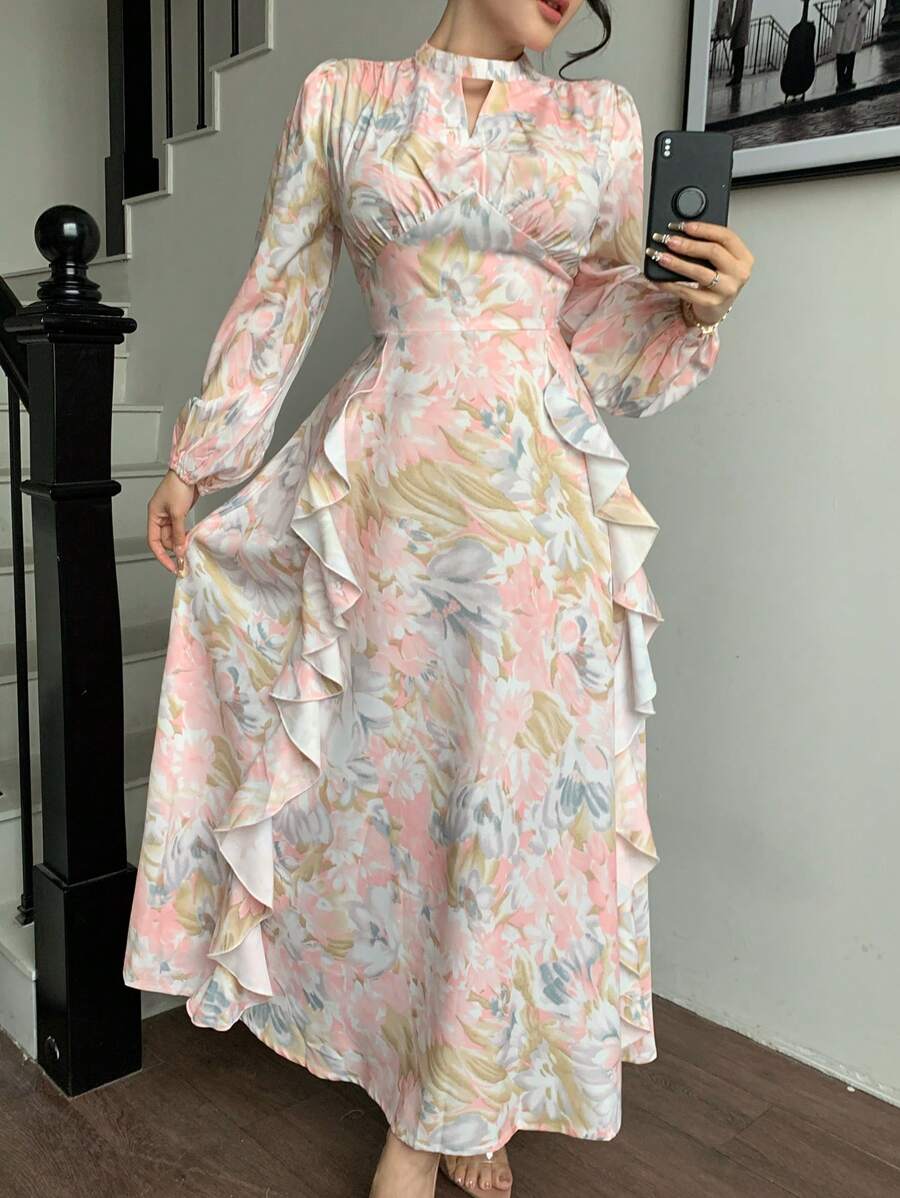 Modelyn Women's Floral Print Keyhole Neckline Lantern Sleeve Elegant Ruffle Hem Dress - Multicolor - View 1