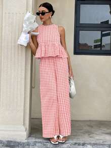 Siren Gaze 2025 年波西米亚风女装夏季套装：格子荷叶边下摆无袖露背上衣和阔腿裤套装 - 度假、节日、海滩度假休闲两件套，采用透气亚麻面料