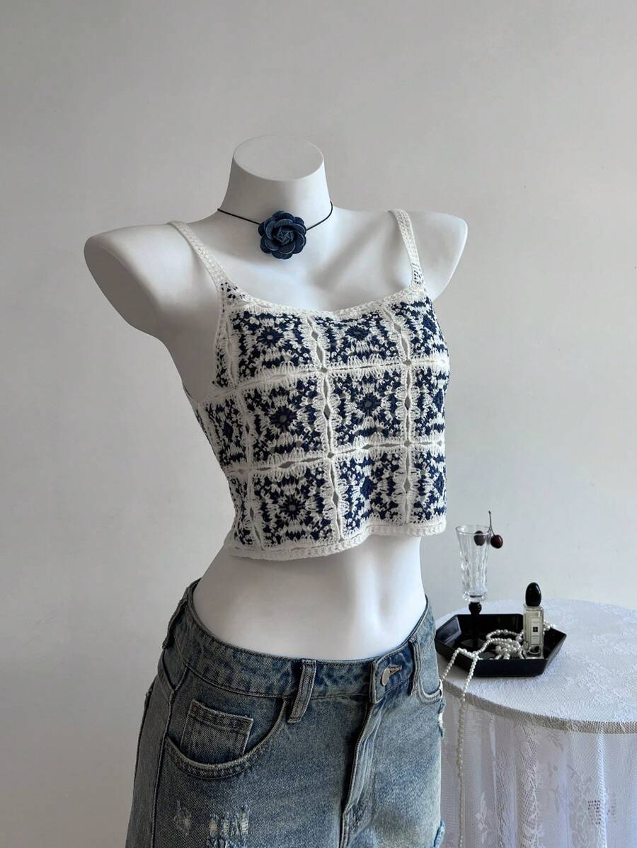 Elamini Sexy Summer Beach Vacation Floral Print Knit Camisole Top