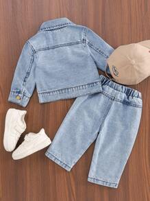 SHEIN 2pcs/Set Baby Boys Casual Vintage Washed Black Denim Lapel Jacket Top And Faded Denim Jeans Pants Outfit, Fashionable & Comfortable All-Match Set Suitable For Spring, Autumn