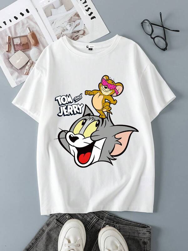TOM & JERRY X SHEIN Women Cartoon & Letter Graphic Casual Crew Neck Short Sleeve T-Shirt, Summer