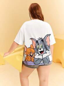 TOM & JERRY X SHEIN Plus Size Cartoon Mouse & Cat Print White Short Sleeve T-Shirt Cute T Shirts Women T Shirts Graphic Cute Graphic Tees Women Funny Graphic Tees Graphic T Shirt Summer / Summer For Women/ Summer / Cute Summer Tops Classic Casual Tee Rave Festival/ Rave/Festival/ Rave/ Festival For Women/ Country Concert/ Festival/ Concert/ C Concert Women/ Concert For Women/Rave/Rave Top