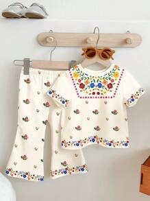 SHEIN Cute Colorful Floral Baby Girl Casual Crew Neck Short Sleeve T-Shirt And Flared Pants Set, Suitable For Spring & Summer - Multicolor - View 3
