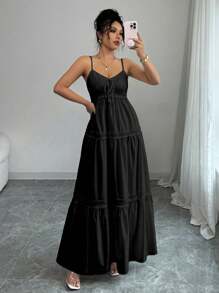 Rafferiza Vestido elegante de unicolor sin mangas y con cintura para mujer, de verano - Negro - Ver 5