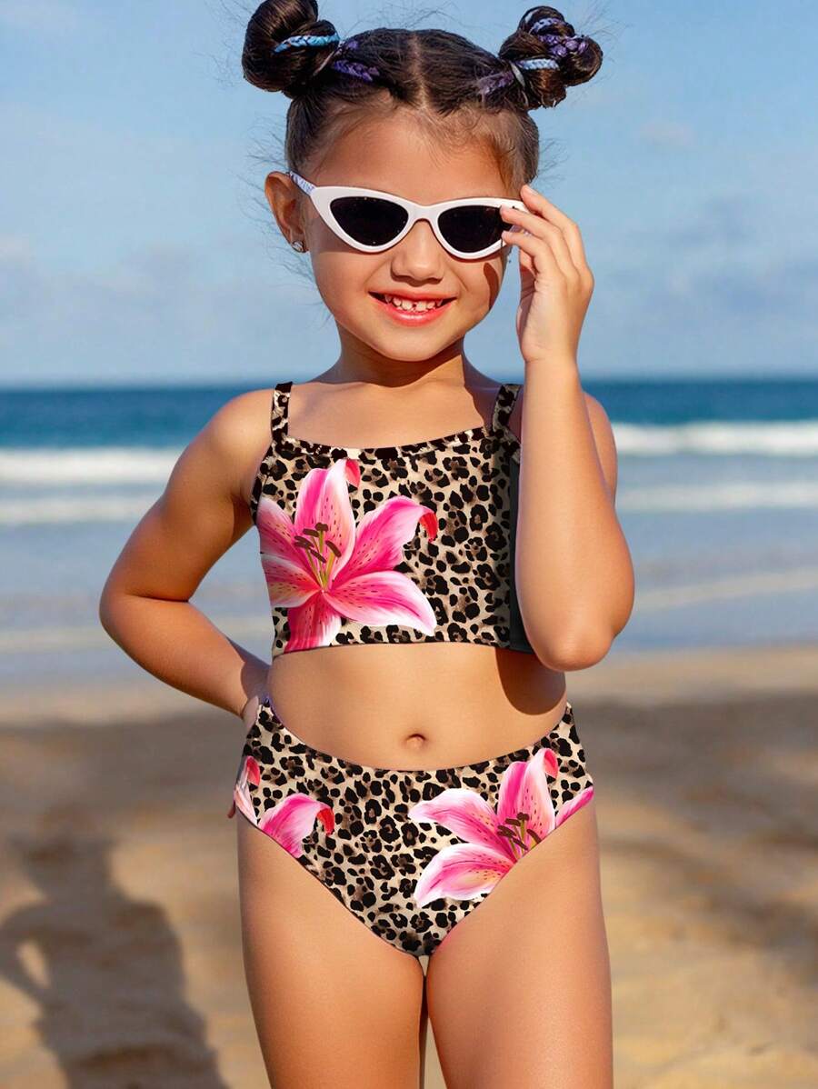 Costume da bagno a due pezzi tankini aderente da ragazza con stampa leopardata, ibisco e fiori di ibisco, in stile da spiaggia, adatto per l'estate #Coconutgirl