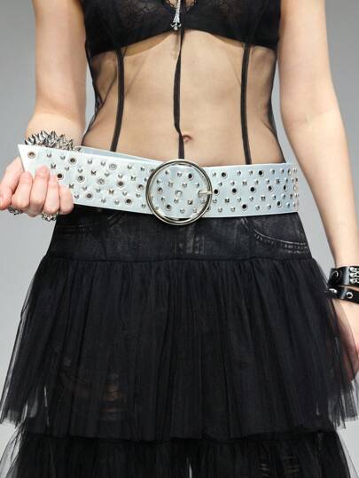 Grunge Punk 1 Piece Punk Style Geometric Pattern Studded Hollow Waist Belt, Y2K Retro Fashion Metallic Buckle Leather Belt, Unique Decoration Accessory