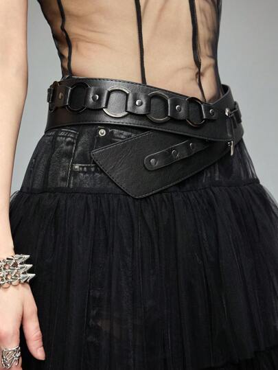 Grunge Punk 1 pezzo Cintura in stile punk con anello in metallo asimmetrico, ampia, cintura di moda vintage Y2K in pelle con fibbia in metallo con rivetti, cintura decorativa unica per la vita