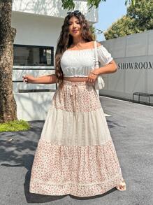 SHEIN EZwear Plus Size Summer Casual Bohemian Mini Ditsy Floral Patchwork Skirt - Multicolor - View 5