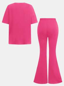 SHEIN Tween Girls Casual Minimalist Round Neck Short Sleeve Top And Pants 2 Pieces Set, Suitable For Summer - Hot Pink - View 2
